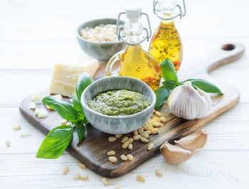 Fresh made pesto sauce. green basil pesto. ingredient for pesto sauce 