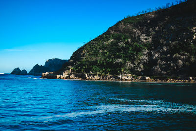 Scenic view of bay against clear blue sky