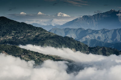 Scenic view of mountains in foggy weather