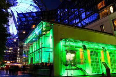 Low angle view of illuminated building at night