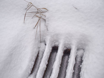 High angle view of icicles on snow covered landscape