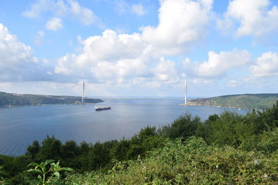 Scenic view of bay against sky