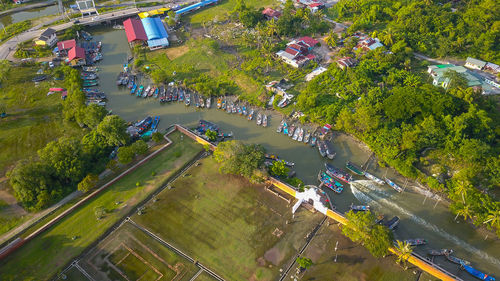 High angle view of road amidst trees in city