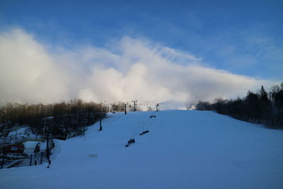 Snow covered land and trees against sky