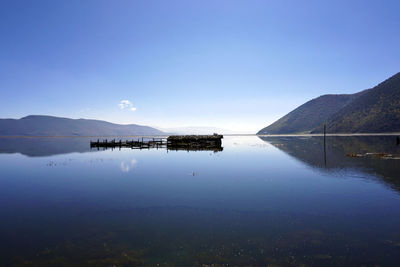 Scenic view of lake against clear blue sky