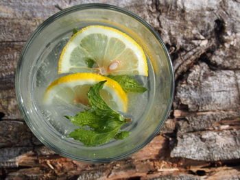 High angle view of lemonade on wood