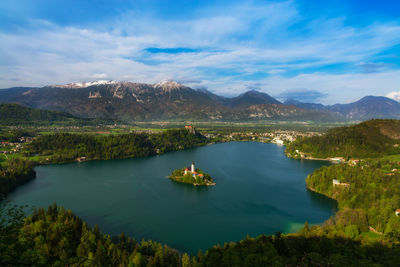 Scenic view of lake by mountains against sky