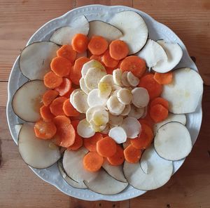 High angle view of chopped fruits in plate on table