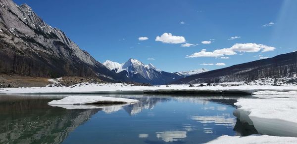 Scenic view of lake by snowcapped mountains against sky