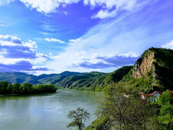 Scenic view of lake and mountains against sky