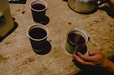 High angle view of coffee cup on table