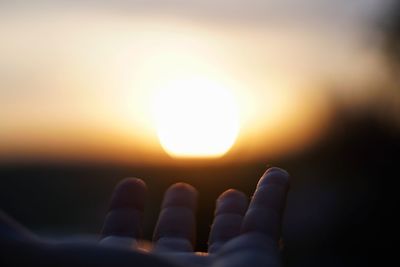 Close-up of hands against sun during sunset