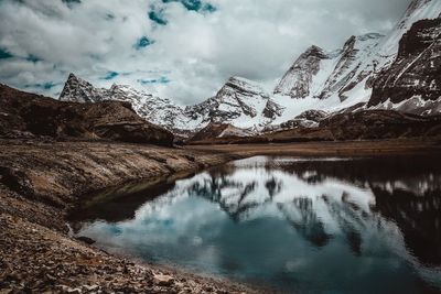 Scenic view of lake by snowcapped mountains against sky