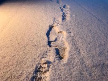 High angle view of footprints on sand