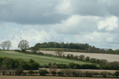 Scenic view of grassy field against cloudy sky