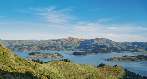 Scenic view of lake and mountains against sky