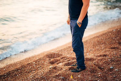 Low section of man standing on beach