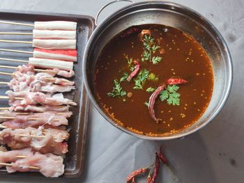 High angle view of food in bowl on table