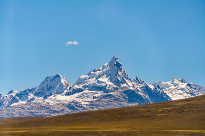 Scenic view of snowcapped mountain against blue sky