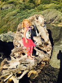 Portrait of young woman with dog standing on rock