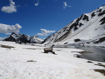 Scenic view of snow covered mountains against sky