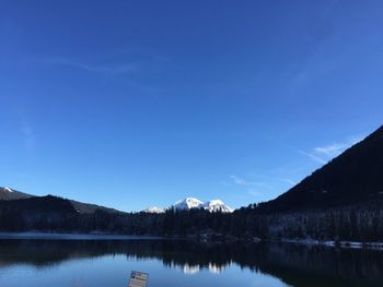 Scenic view of lake and mountains against blue sky