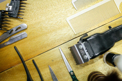 High angle view of equipment on table