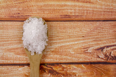 High angle view of snow on wood