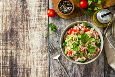 Directly above shot of food in bowl on table