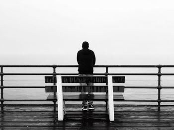 Rear view of man sitting on railing against sea