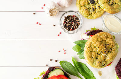 High angle view of breakfast served on table