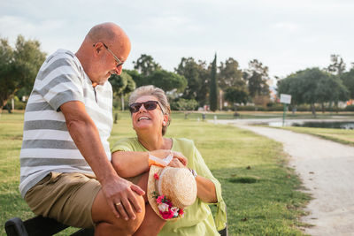 Couple of pensioners looking at each other in love