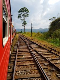 Train on railroad tracks against sky