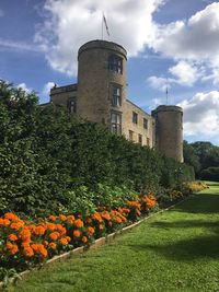 Plants growing in front of historic building against sky