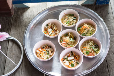 High angle view of food served on table