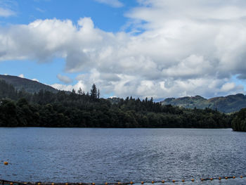 Scenic view of lake against cloudy sky