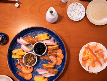 High angle view of breakfast on table