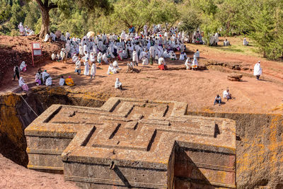 Crowded of pilgrims at lalibela rock-hewn church of beta giorgis