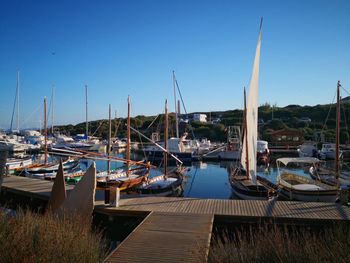 Sailboats moored at harbor against clear blue sky