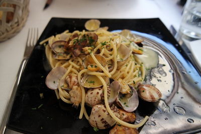 High angle view of food served on table