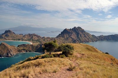 Scenic view of sea and mountains against sky