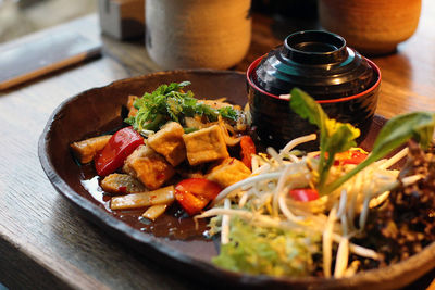 Close-up view of fresh asian style tofu dish