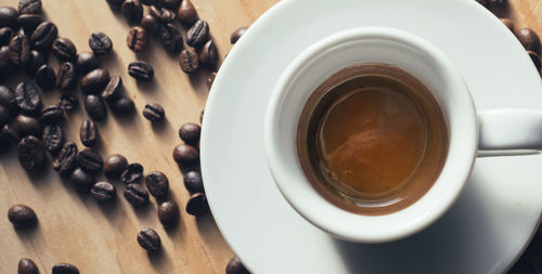 High angle view of coffee cup on table