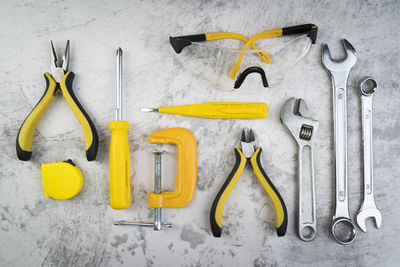 High angle view of work tools on table