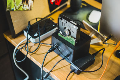 High angle view of computer parts on table