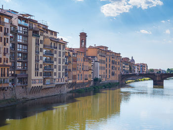 Buildings by river against sky in city