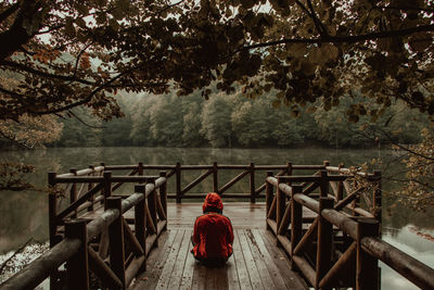 Rear view of woman sitting on footbridge