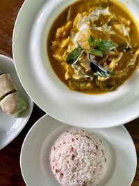 High angle view of food in plate on table