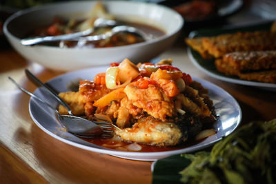 Close-up of food in plate on table