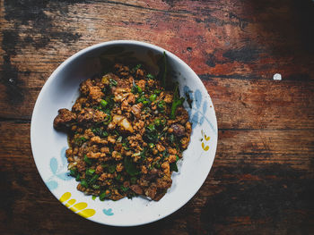 High angle view of meal served on table